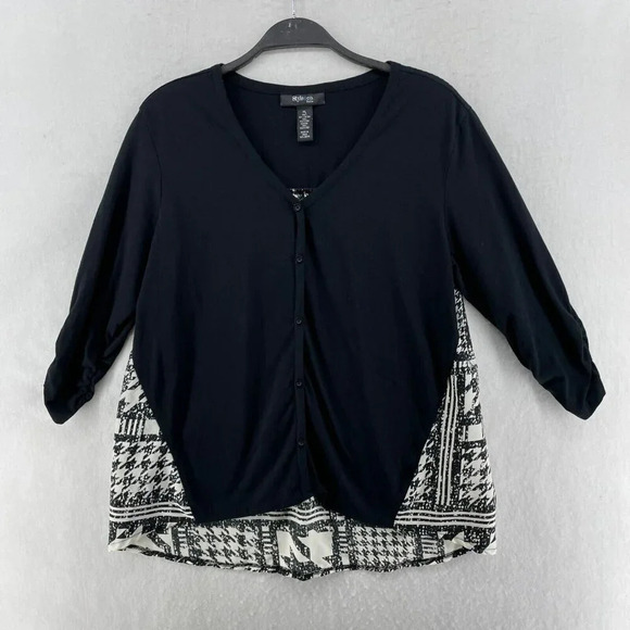 STYLE & CO.  Blouse Women's Sz PL Black White Houndstooth 3/4 Sleeve Button Up - Picture 1 of 9